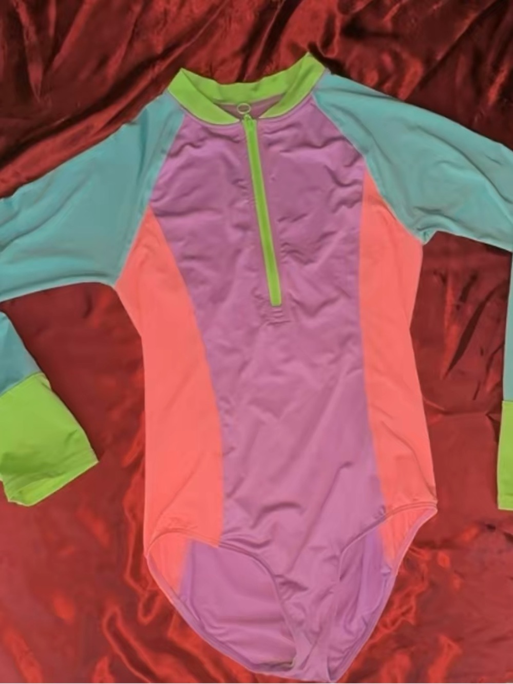 Lands' End Girls' Colorblock One-Piece Rash Guard in Purple, Coral & Aqua